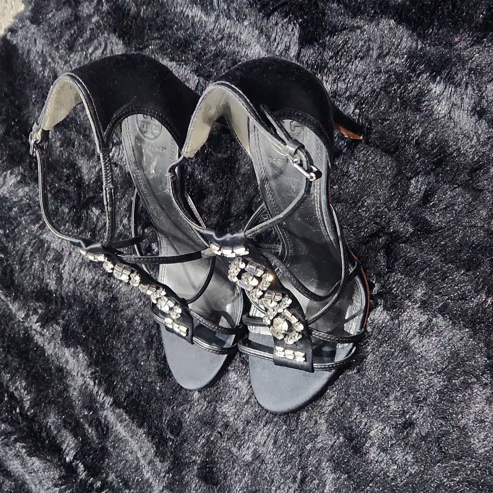 Tory Burch Black Satin and Crystal's with Leather sole Size 38.5 - Picture 6 of 11